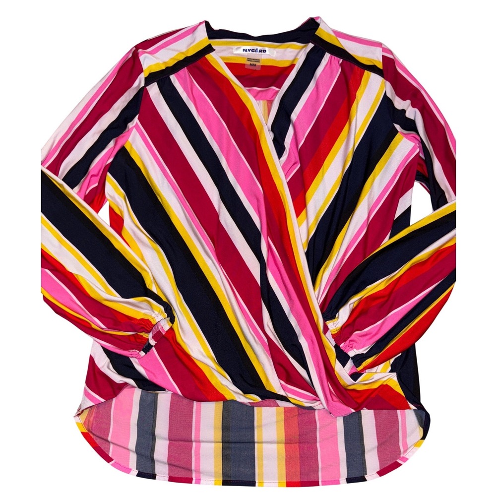 Nygard Womens Multicolor Longsleeve Wrap‎ Blouse Colorful Striped Top, Size Med